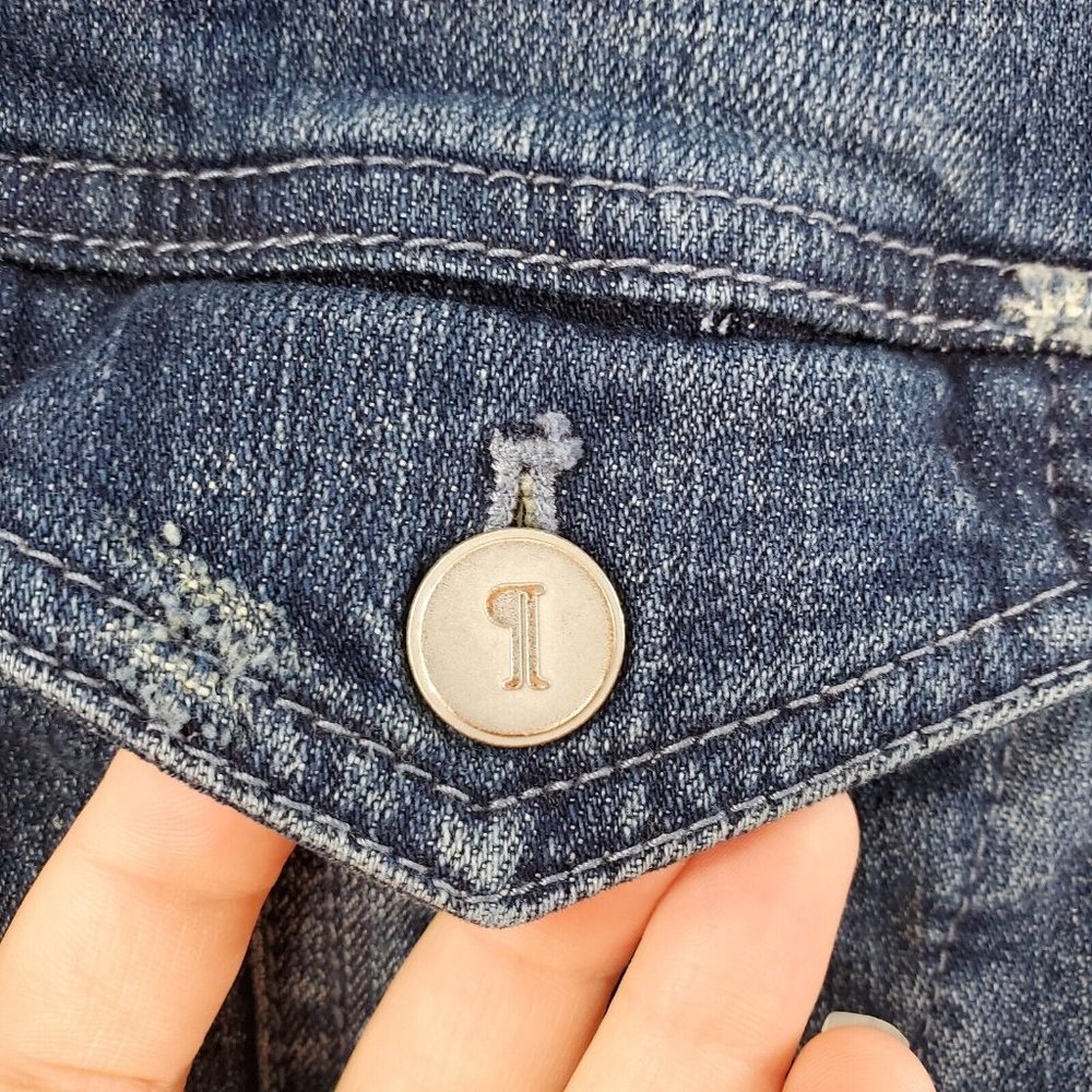 Pilcro Anthropologie Denim Jacket Womens Medium Blue Distressed Letterpress - Picture 3 of 11